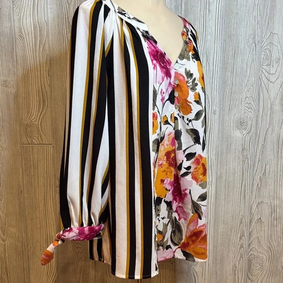 Fig and Flower Anthropologie Boho Mix Print Floral Striped Peasant Blouse Size L - Picture 5 of 10